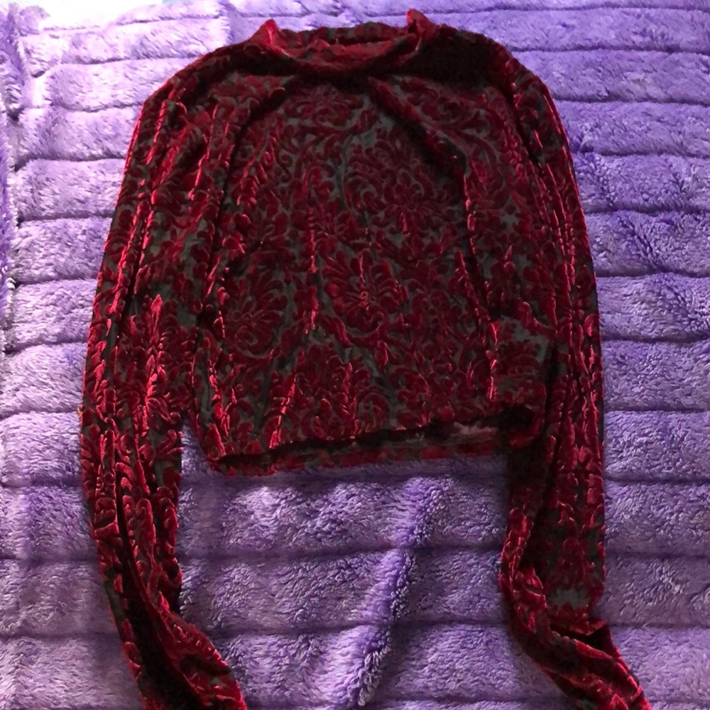 black and red long sleeve velvet crop top
